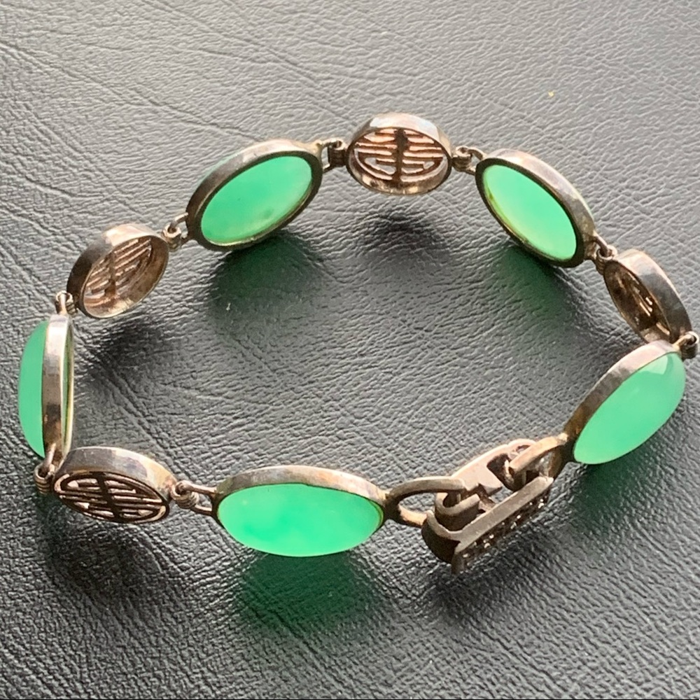 .925 Bracelet Green Jade coin link